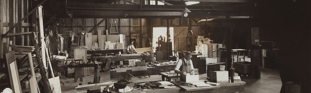 historic photo of a woodworking shop